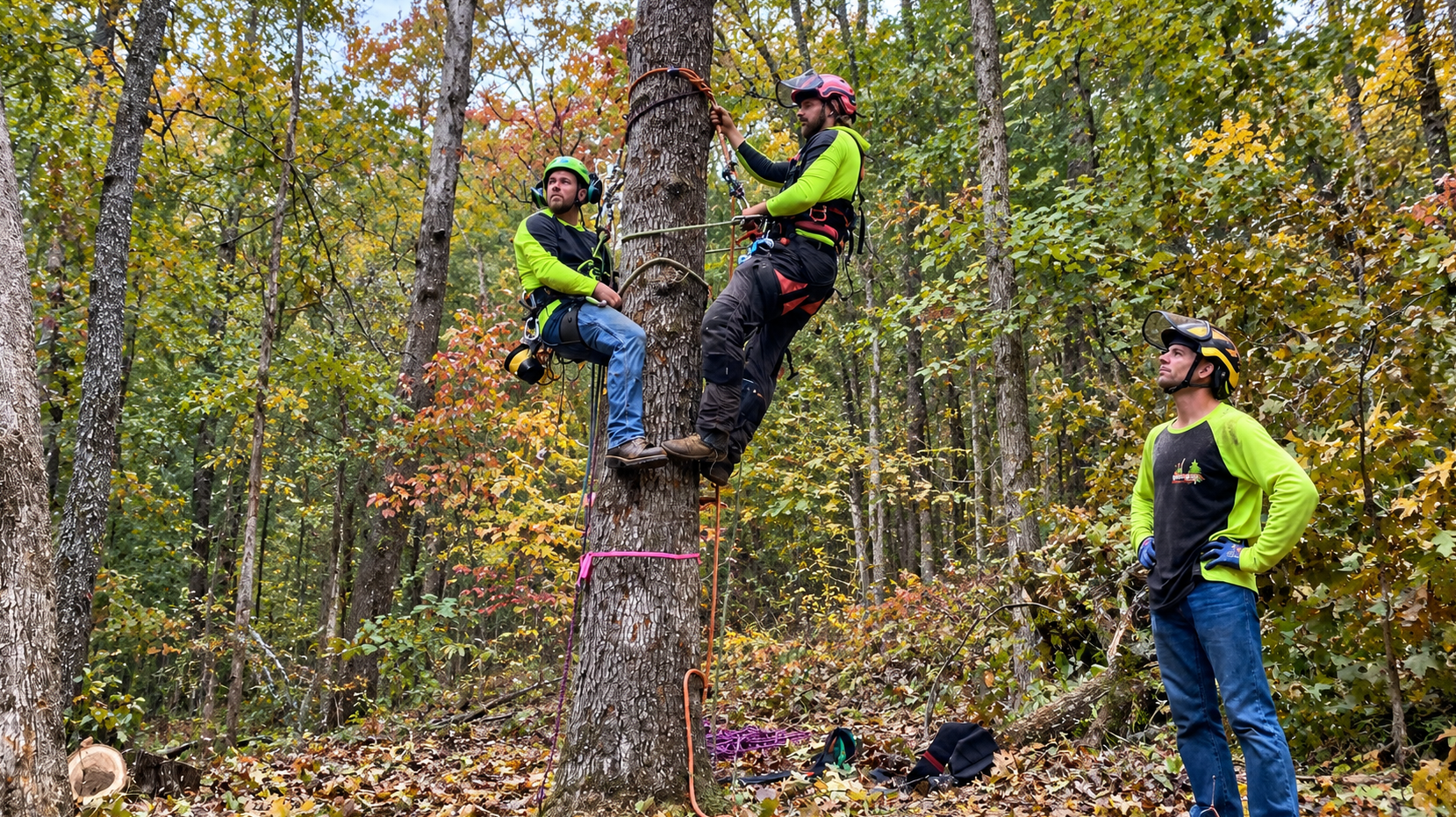 three arborist at work in the woods